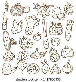 set of kawaii fruit and vegetables doodle