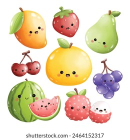 Conjunto de Clipart de dibujos animados de Kawaii Fruits