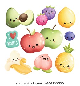 Conjunto de Clipart de dibujos animados de Kawaii Fruits