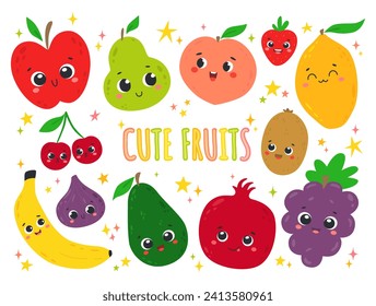 Conjunto de frutas kawaii en estilo de dibujos animados a mano. Caras bonitas de comida. Caracteres divertidos para pegatinas, afiches, tarjetas, invitaciones y decoración de sala de vivero. Ilustración de vector infantil colorida aislada