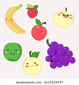 Set of kawaii fruits smiling isolated, banana grapefruit, apple, strawberry cartoon style vector flat