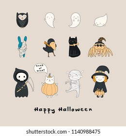 Set kawaii funny Halloween characters  and ghosts  cats  zombie bunny  witch  death  mummy  spider  owl  crow  Isolated objects  Hand drawn vector illustration Line drawing Design concept print