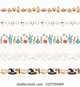 Set of kawaii funny Halloween horizontal borders, with pumpkins, ghosts, candy, witch hat, skulls, potions. Hand drawn vector illustration. Isolated objects. Line drawing. Design concept for print.