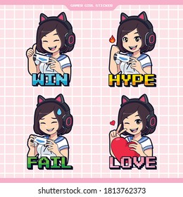 Set of kawaii gamer girl expression sticker
