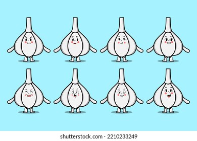 Set kawaii Garlic cartoon character with different expressions cartoon face vector illustrations