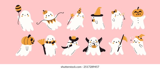 Conjunto de fantasma kawaii. Personaje feliz divertido espeluznante. Halloween lindos fantasmas de calabaza voladora. Personajes fantasmas de libros infantiles para niños. Vector plano dibujado a mano ilustración