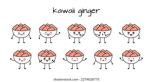 Set of kawaii ginger bowl sushi mascots in cartoon style. Cute hand drawn asian food for menu