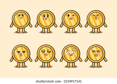 Set kawaii gold coin cartoon character with different expressions cartoon face vector illustrations