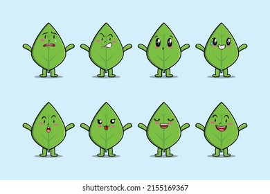 Set kawaii green leaf cartoon character with different expressions