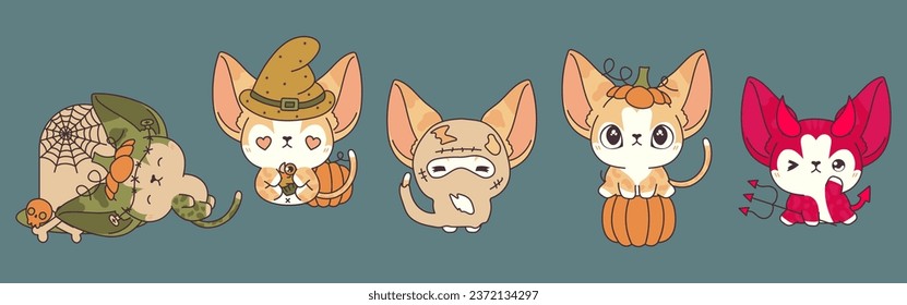 Set of Kawaii Halloween Abyssinian Cat. Collection of Cute Vector Halloween Cat Illustrations. 