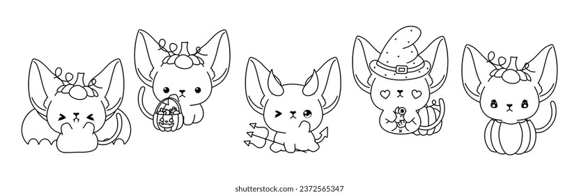 Set of Kawaii Halloween Abyssinian Cat Coloring Page. Collection of Cute Vector Halloween Cat Outline. 