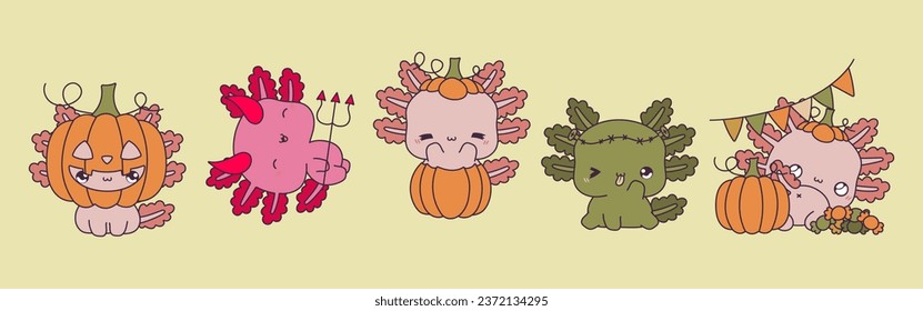 Set von Kawaii Halloween Axolotl. Sammlung von Cute Vector Halloween Salamander Tierillustrationen. 