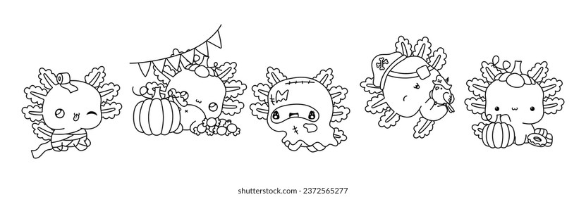 Set of Kawaii Halloween Axolotl Coloring Page. Collection of Cute Vector Halloween Salamander Animal Outline. 