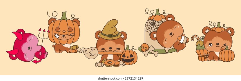 Set of Kawaii Halloween Bear. Collection of Cute Vector Halloween Forest Animal Illustrations. 