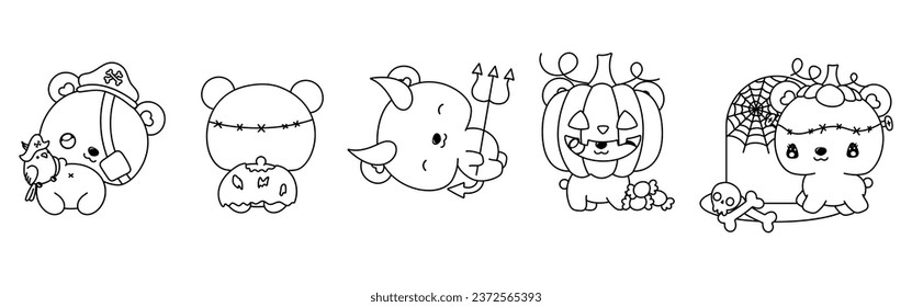 Set of Kawaii Halloween Bear Coloring Page. Collection of Cute Vector Halloween Forest Animal Outline. 