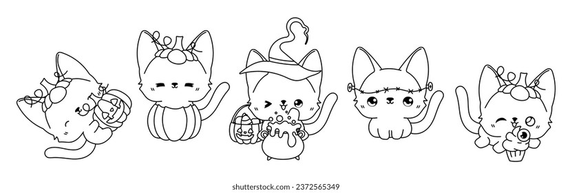 Set of Kawaii Halloween Bengal Cat Coloring Page. Collection of Cute Vector Halloween Kitten Outline. 