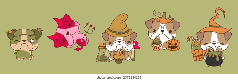 Set of Kawaii Halloween Bulldog Dog. Collection of Cute Vector Halloween Puppy Illustrations. 