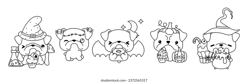 Set of Kawaii Halloween Bulldog Dog Coloring Page. Collection of Cute Vector Halloween Puppy Outline. 