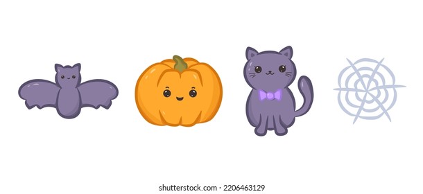 Set of kawaii Halloween characters and spider web. Collection of cute kawaii pumpkin, cat, bat and web. Vector illustration
