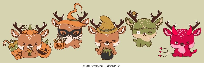 Set of Kawaii Halloween Deer. Collection of Cute Vector Halloween Forest Animal Illustrations. 