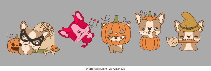 Set of Kawaii Halloween French Bulldog Dog. Collection of Cute Vector Halloween Puppy Illustrations.