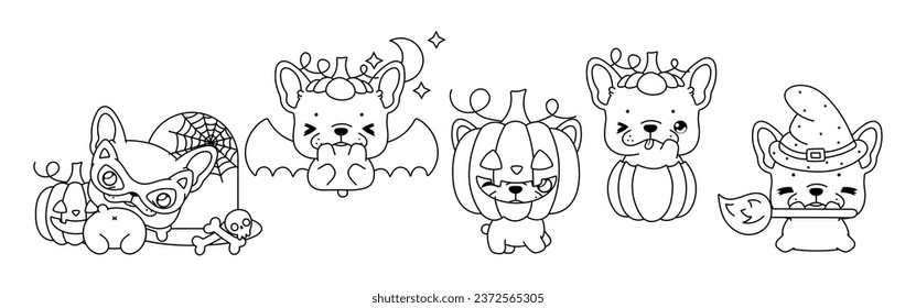 Set of Kawaii Halloween French Bulldog Dog Coloring Page. Collection of Cute Vector Halloween Puppy Outline. 