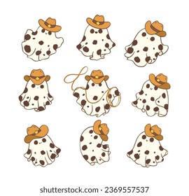 Set of Kawaii Halloween ghost with this cute kawaii cartoon doodle of a Halloween cowboy ghost. This clipart is perfect for all your Halloween designs, greeting card.