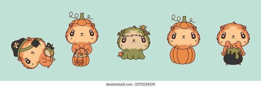 Set of Kawaii Halloween Guinea Pig. Collection of Cute Vector Halloween Animal Illustrations. 