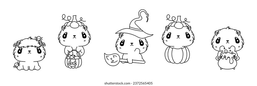 Set of Kawaii Halloween Guinea Pig Coloring Page. Collection of Cute Vector Halloween Animal Outline. 