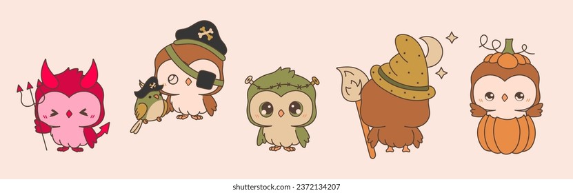 Set of Kawaii Halloween Owl. Collection of Cute Vector Halloween Forest Bird Illustrations. 