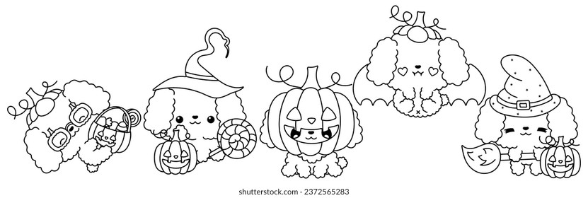 Set of Kawaii Halloween Poodle Dog Coloring Page. Collection of Cute Vector Halloween Dog Outline. 