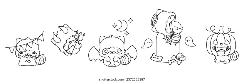 Set of Kawaii Halloween Raccoon Coloring Page. Collection of Cute Vector Halloween Forest Animals Outline. 