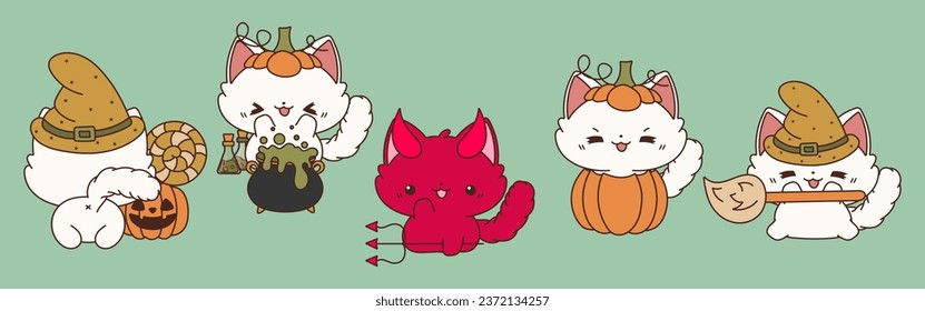 Set of Kawaii Halloween Ragdoll Cat. Collection of Cute Vector Halloween Cat Illustrations. 