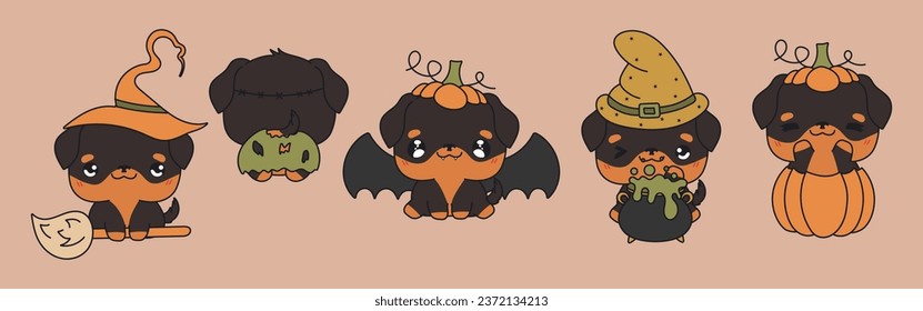 Set of Kawaii Halloween Rottweiler Dog. Collection of Cute Vector Halloween Animal Illustrations. 