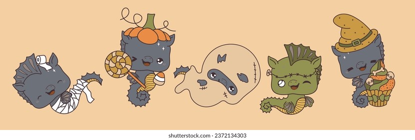 Set of Kawaii Halloween Sea Horse. Collection of Cute Vector Halloween Marine Animal Illustrations.