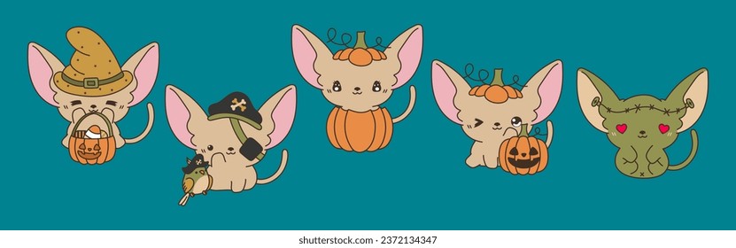 Set of Kawaii Halloween Sphynx Cat. Collection of Cute Vector Halloween Cat Illustrations