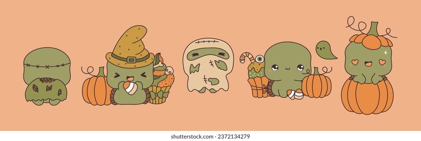 Set of Kawaii Halloween Tortoise. Collection of Cute Vector Halloween Animal Illustrations. 