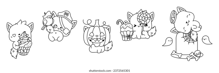 Set of Kawaii Halloween Wolf Coloring Page. Collection of Cute Vector Halloween Forest Animal Outline. 