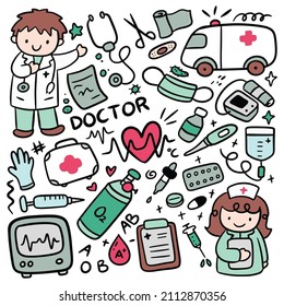 Set of Kawaii Hand Drawn Doctor Doodle Illustration