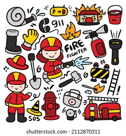 Set of Kawaii Hand Drawn Fire Fighter Doodle Vector Clip Art