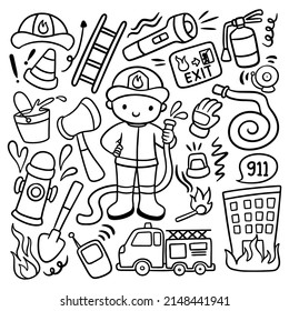 Set Of Kawaii Hand Drawn Fire Fighter Doodle Vector Clip Art