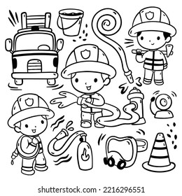 Set of Kawaii Hand Drawn Fire Fighter Doodle Vector Clip Art