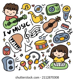 Set of Kawaii Hand Drawn Music Doodle Vector Clip Art