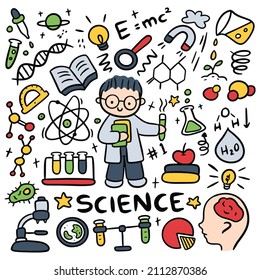 Set of Kawaii Hand Drawn Scientist Doodle Vector Clip Art