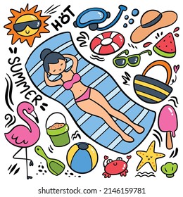 Set of kawaii hand drawn summer doodle vector illustration