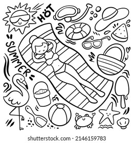 Set of kawaii hand drawn summer doodle vector illustration svg