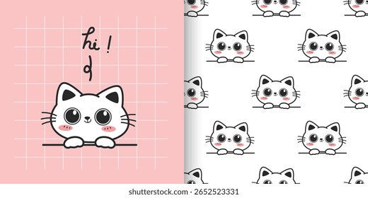 Set of Kawaii happy cat with big eye on pink background and seamless pattern on white, Cute white cat cartoon pattern and card, Nursery childish pattern