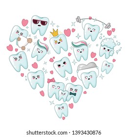 Set of kawaii healthy teeth with different emodji, heart shape composition - cartoon characters - treatment and oral dental hygiene, dental care concept. Vector flat illustration