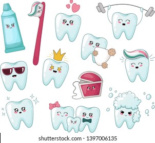 Set of kawaii healthy teeth, also toothpaste, toothbrush with different emodji, cartoon characters - treatment and oral dental hygiene, dental care concept. Vector flat illustration