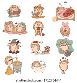 Set of kawaii hedgehog characters isolated on a white background. Vector graphics.